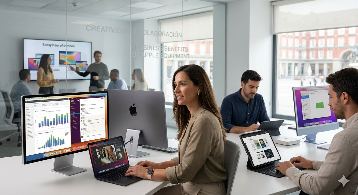 Modern office professionals in Spain working on a fleet of Apple devices including Studio Display, MacBook Pro, and iPad Pro to demonstrate business productivity and ecosystem integration.
