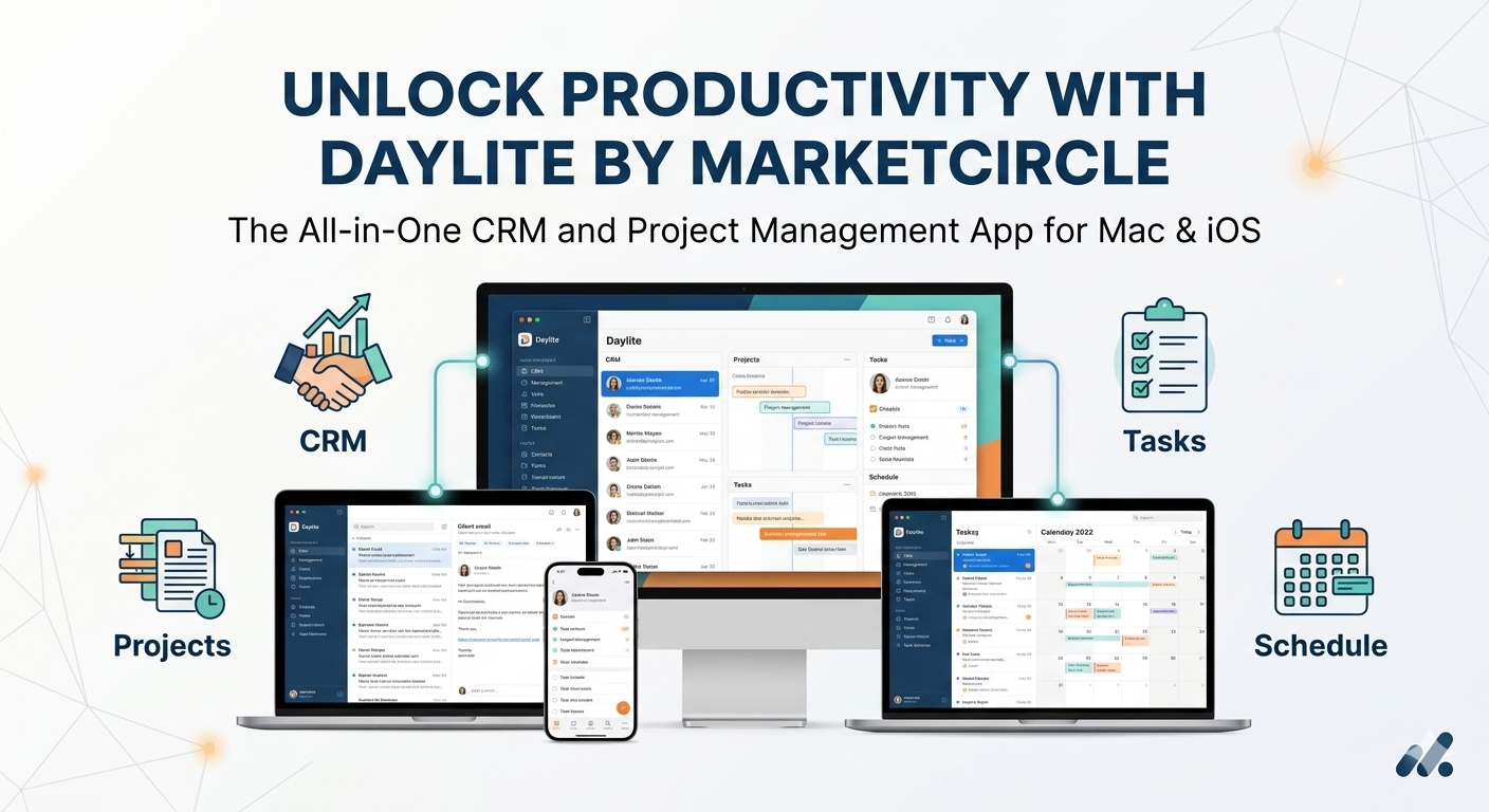 Professional digital illustration of Daylite by Marketcircle CRM and project management software, showing synced interfaces across a desktop monitor, laptop, and smartphone with productivity icons on a clean background.
