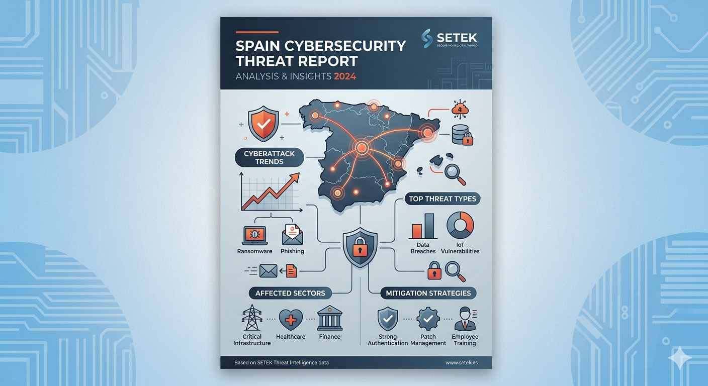 Infographic of the Spain Cybersecurity Threat Report by SETEK, featuring a map of Spain with digital connection points, data charts, and security icons like shields and locks in a professional blue and orange color scheme.