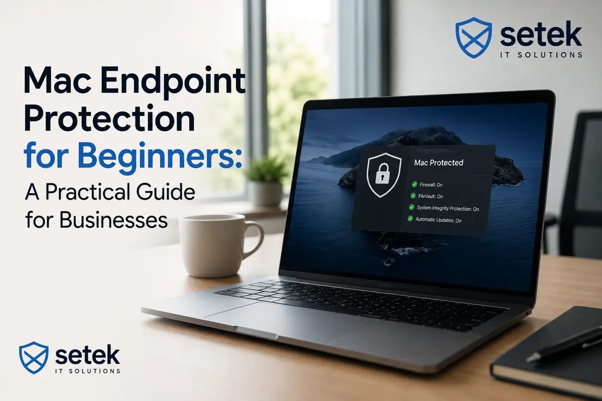 Realistic illustration of Mac endpoint protection concept for beginners in a business environment, showing secure Apple devices with cybersecurity shield icons and Setek branding logo included.