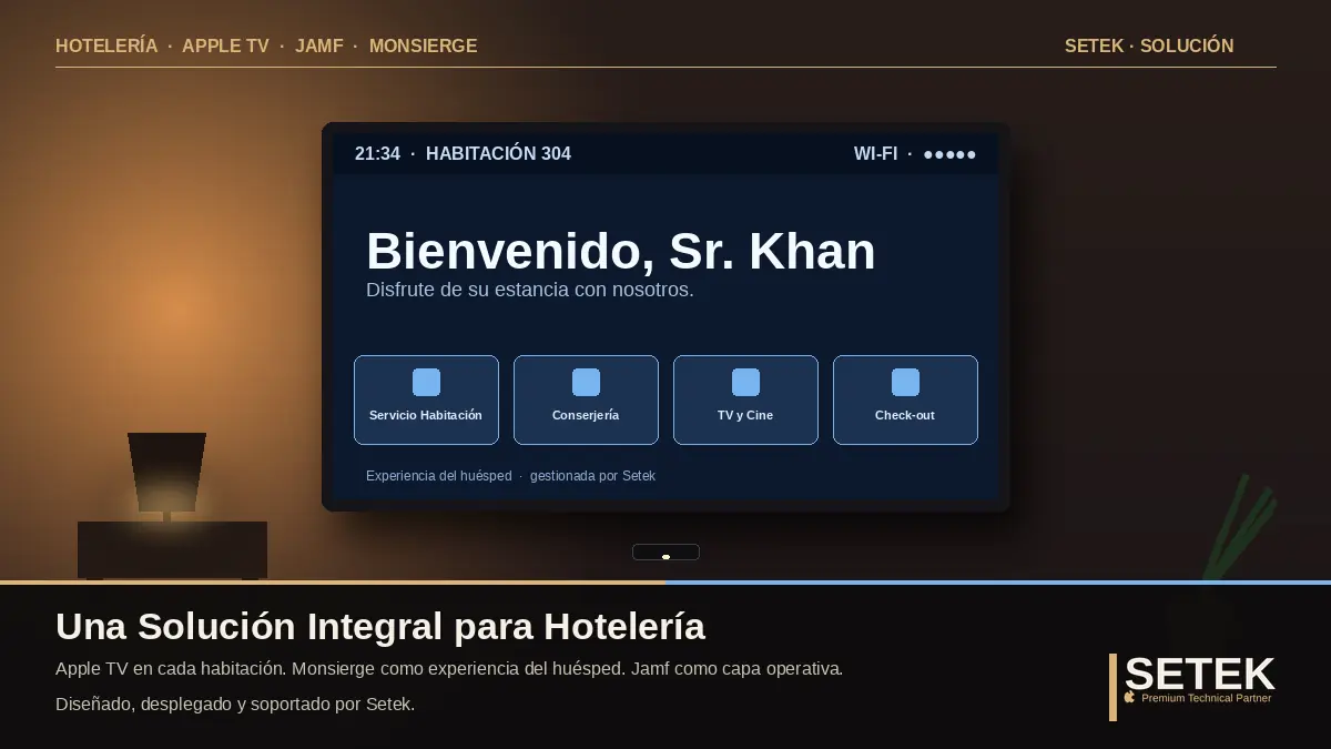 Habitación de hotel con TV en pared mostrando interfaz de bienvenida — portada Setek sobre solución hotelera con Apple TV, Monsierge y Jamf.