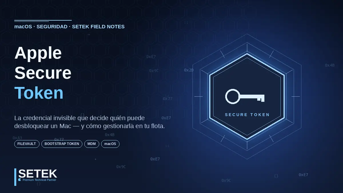 Token hexagonal luminoso con glifo de llave y códigos hex flotantes — portada Setek sobre Apple Secure Token en macOS.