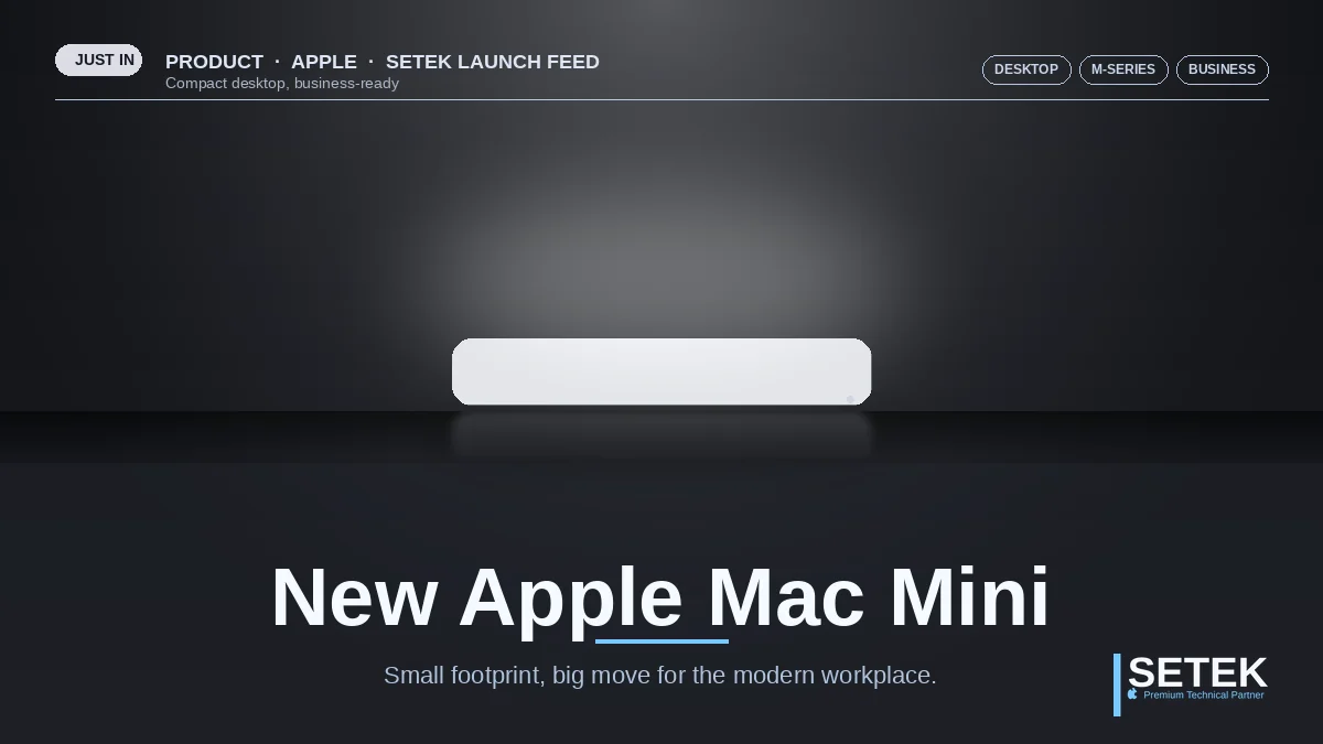 Stage-lit hero shot of a compact desktop computer — Setek blog cover on the new Apple Mac Mini for business.
