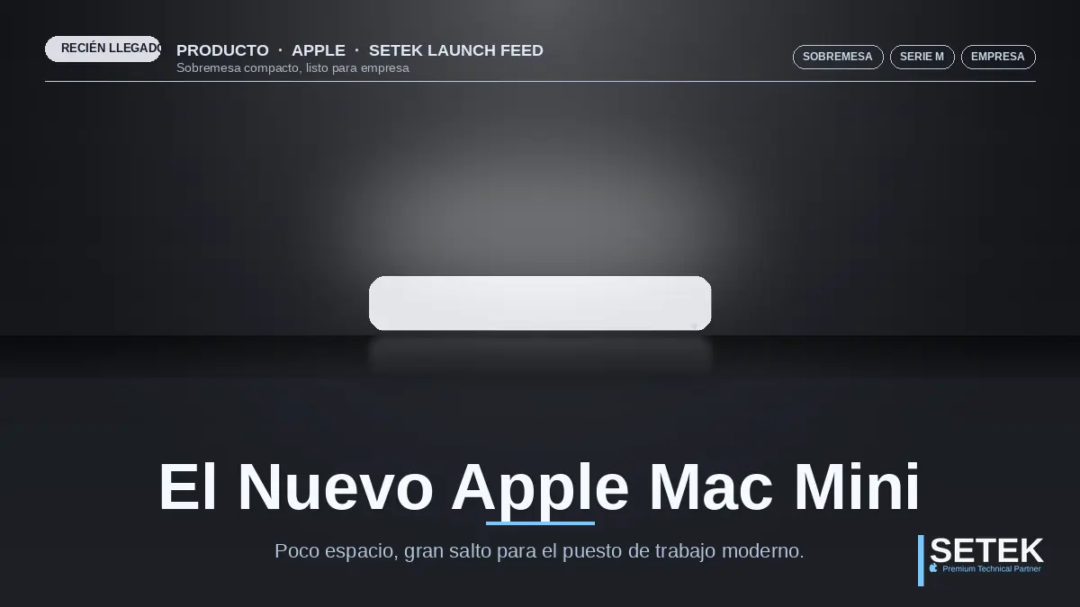 Bodegón de producto con un sobremesa compacto bajo iluminación cenital — portada Setek sobre el nuevo Apple Mac Mini.