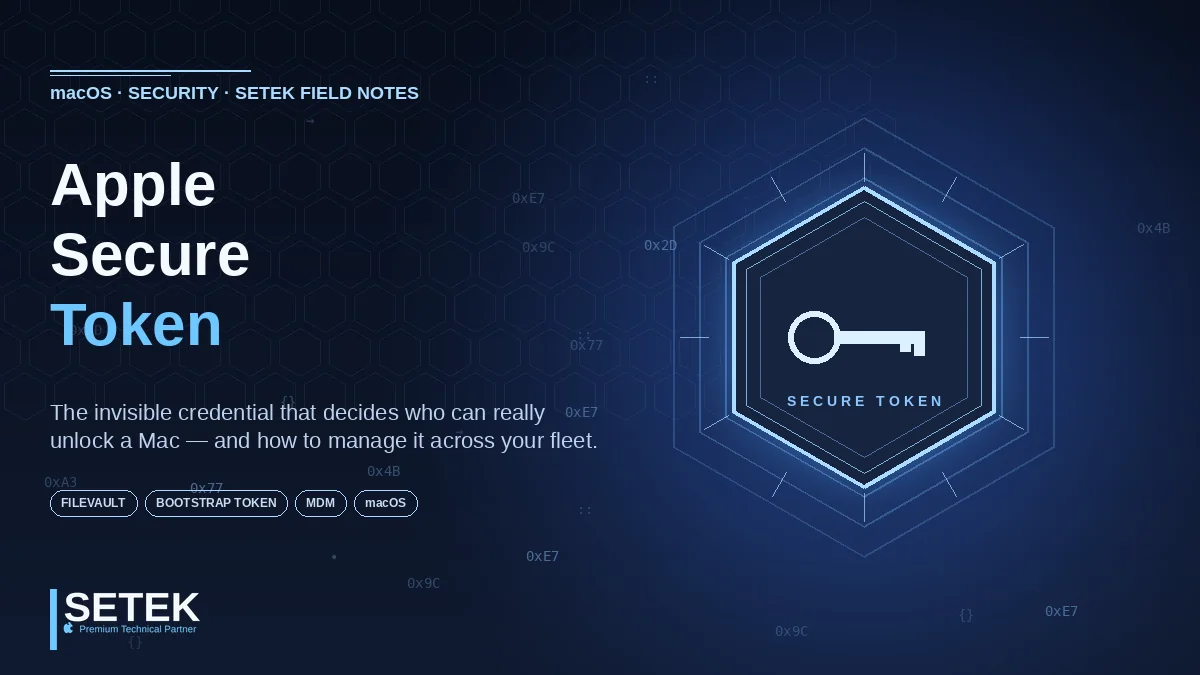 Glowing hexagon token with a key glyph and floating hex codes — Setek blog cover on Apple Secure Token for macOS.