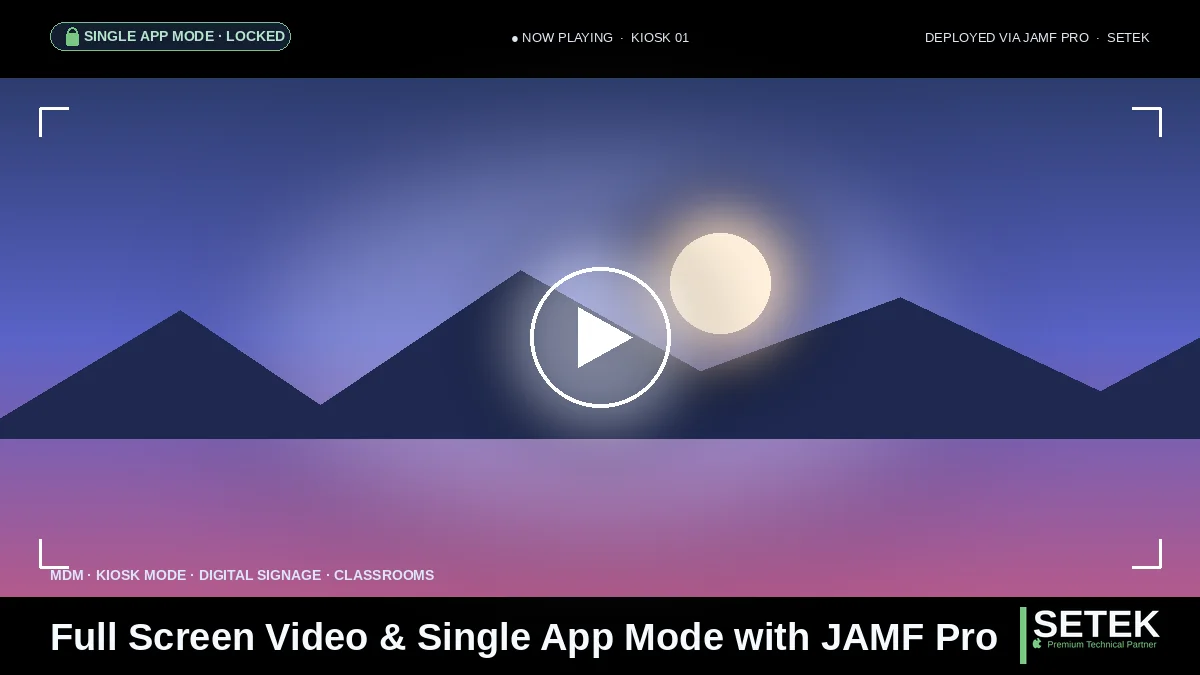 Kiosk-style cover showing a locked single-app mode screen with full-screen video — Setek blog on JAMF Pro deployment.