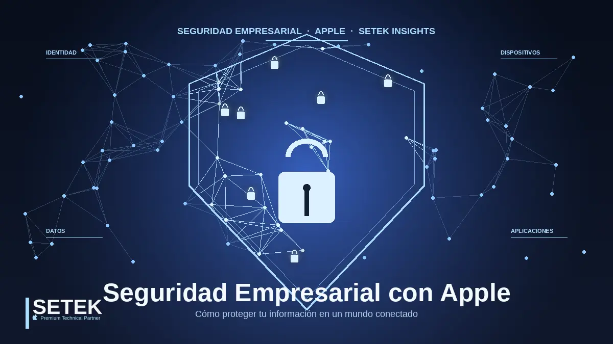 Red de nodos conectados formando un escudo con puntos de candado — portada Setek sobre seguridad empresarial con Apple.