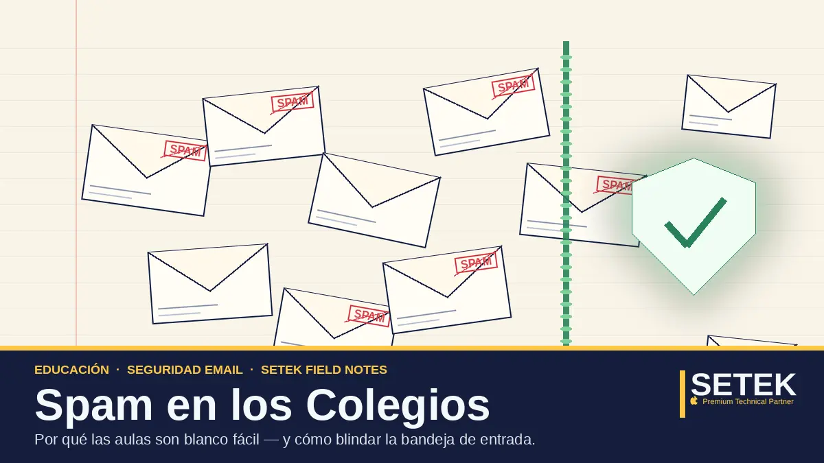 Página de cuaderno con sobres sellados "Spam" y escudo verde filtrando los limpios — portada Setek sobre spam en colegios.