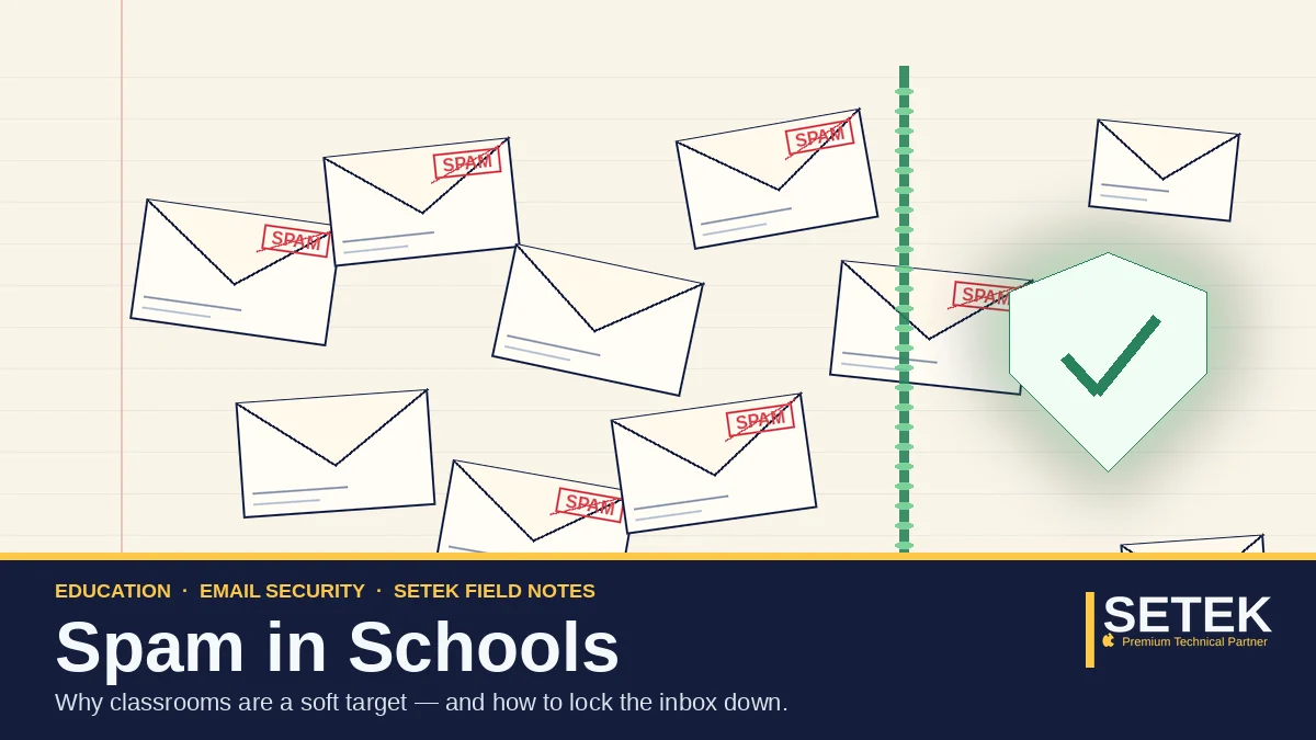 Notebook page with floating envelopes — some stamped SPAM, others passing through a green filter shield. Setek blog cover.