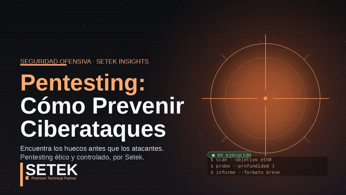 Mirilla telescópica sobre target con líneas de terminal en fondo oscuro — portada Setek sobre penetration testing.