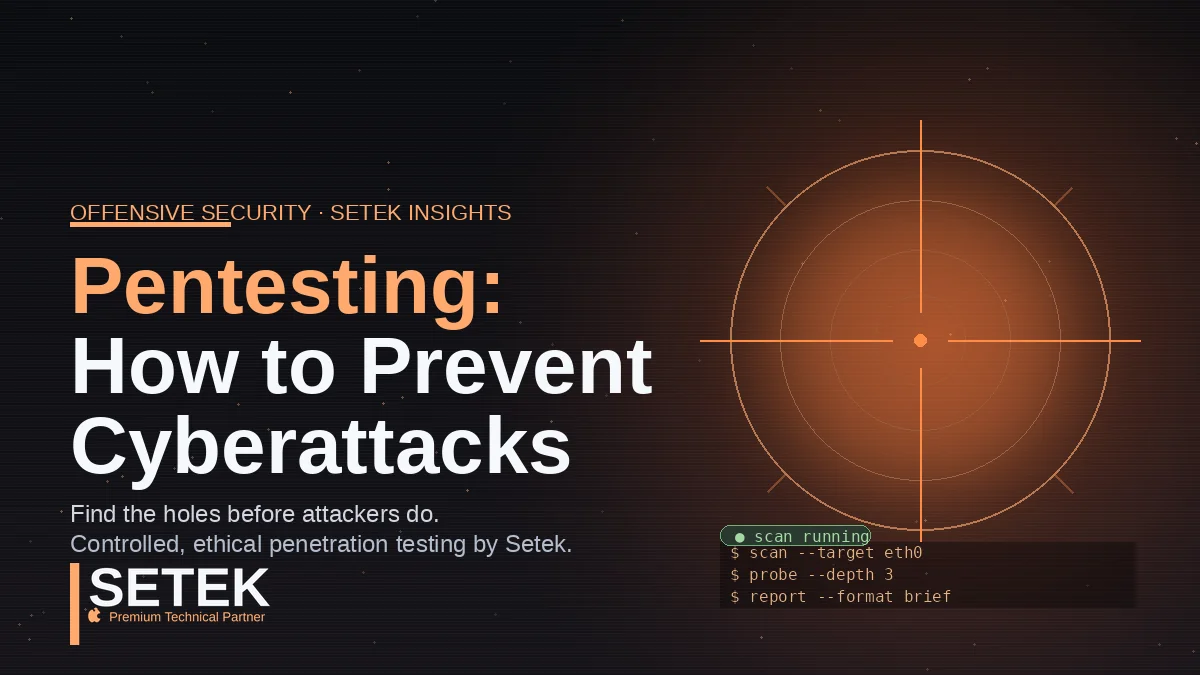 Crosshair target with terminal scan lines on dark background — Setek blog cover on penetration testing for cybersecurity.