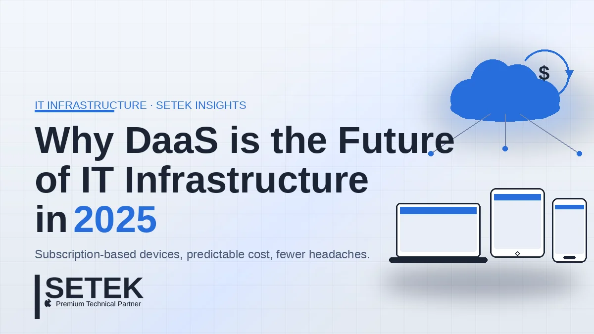DaaS concept illustration with cloud, subscription cycle and device fleet — Setek blog cover, Apple Premium Technical Partner.