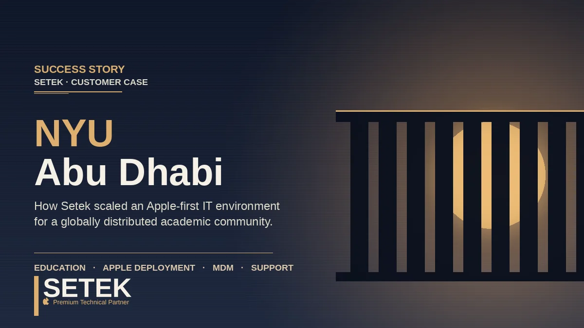 Editorial cover with abstract colonnade and desert sun — Setek success story: NYU Abu Dhabi Apple-first IT deployment.