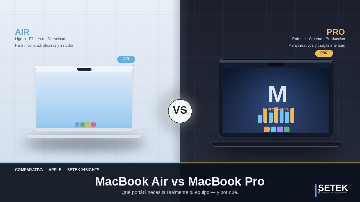 Dos portátiles estilizados enfrentados — MacBook Air claro y MacBook Pro oscuro con VS central — portada Setek comparativa.