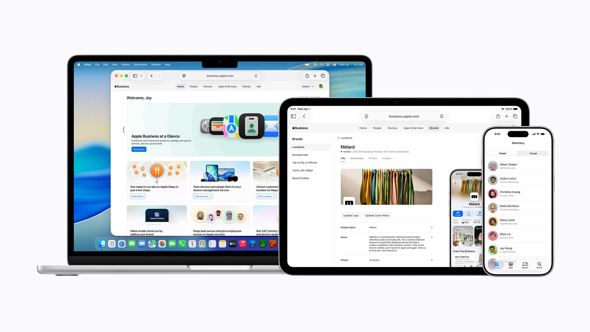Panel de Apple Business Connect en MacBook, iPad y iPhone mostrando gestión de marca, ubicaciones y directorio de empleados
