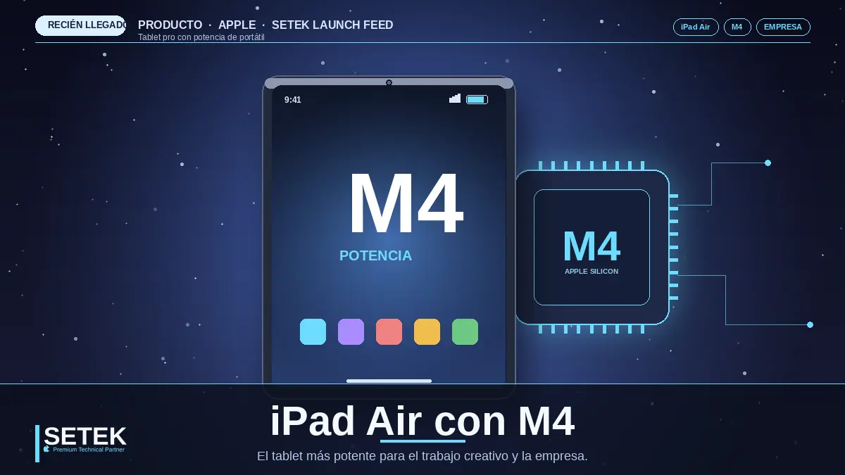 Tablet estilizado mostrando "M4" junto a un chip de silicio iluminado sobre fondo cosmos — portada Setek sobre iPad Air con M4.