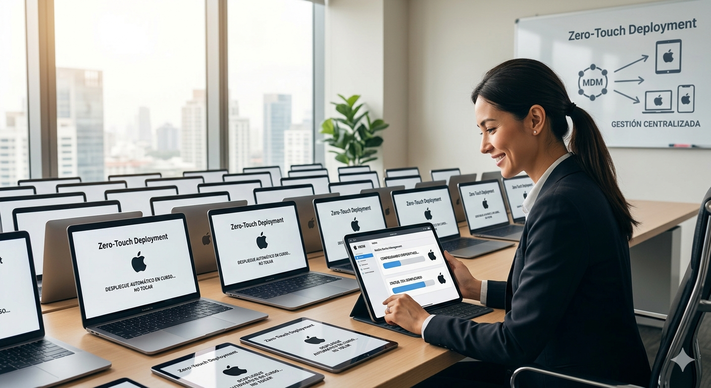 Administradora de IT configurando una flota de dispositivos Apple de forma remota mediante Zero-Touch Deployment en una oficina moderna.