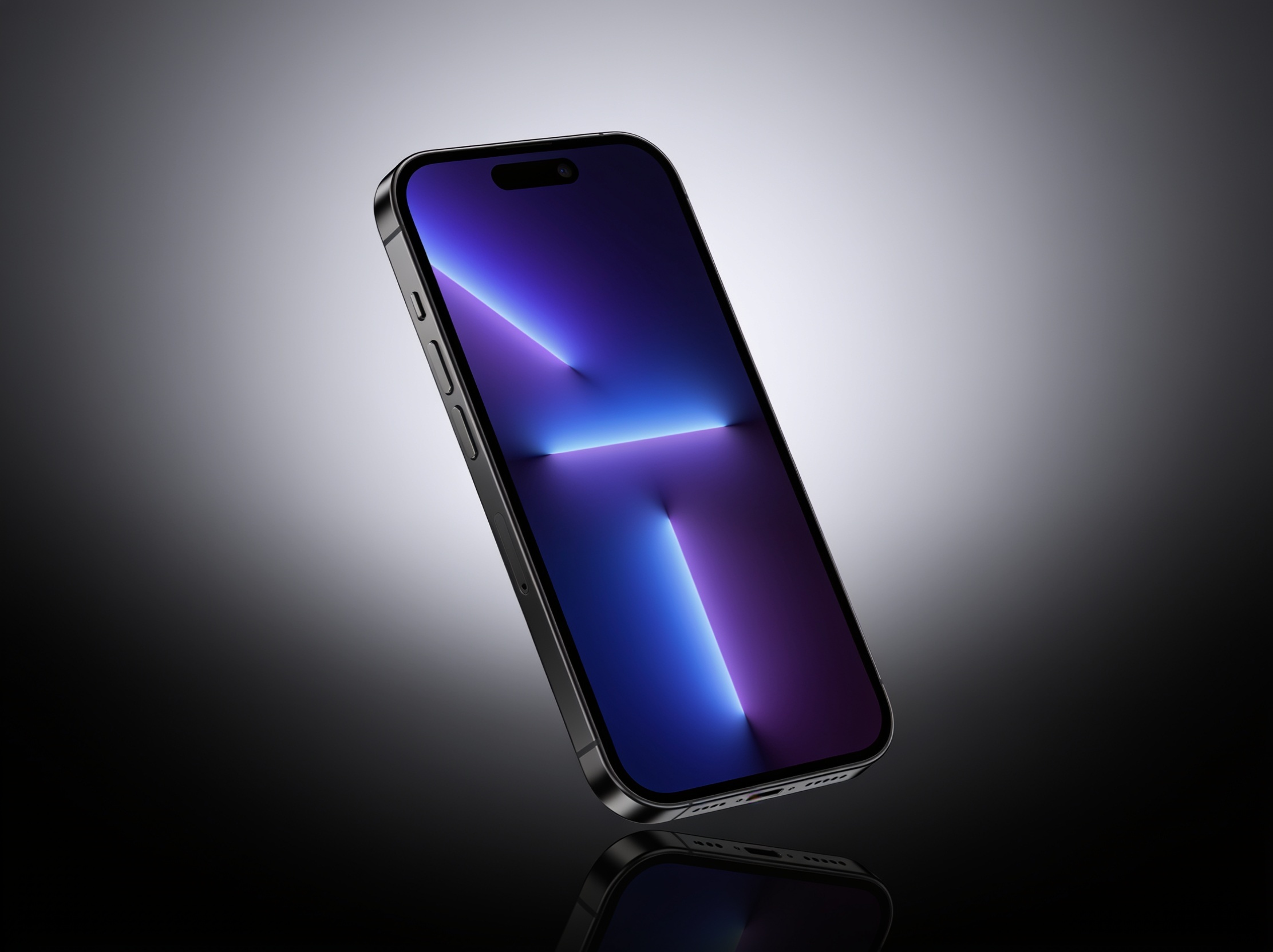 iPhone with abstract gradient screen floating on dark background