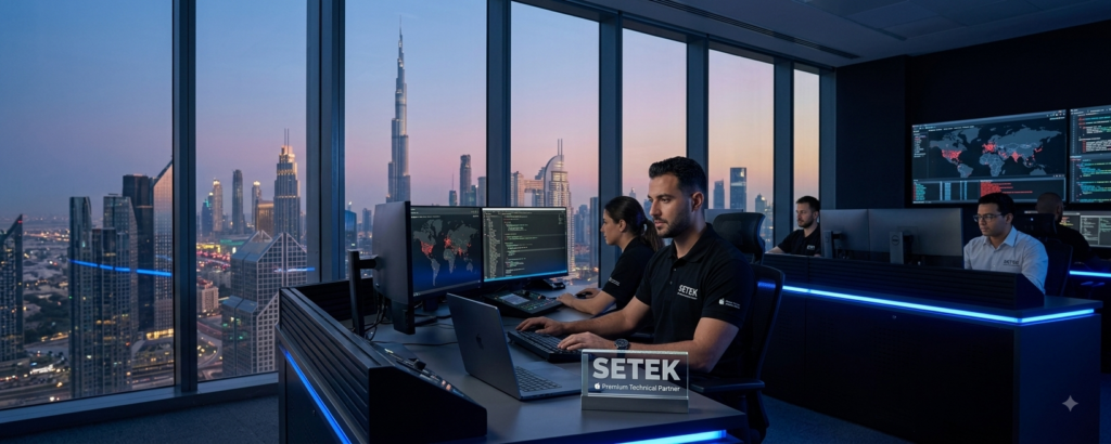 SETEK cybersecurity operations center in a Dubai skyscraper overlooking the skyline with threat monitoring screens